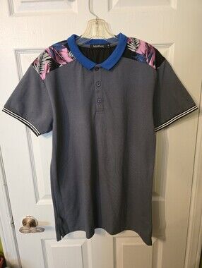 Gray Polo with Blue Collar and Pink Feather-Print Yoke